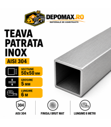 Teava patrata inox AISI 304, 50 x 50 x 5 mm, 6 metri